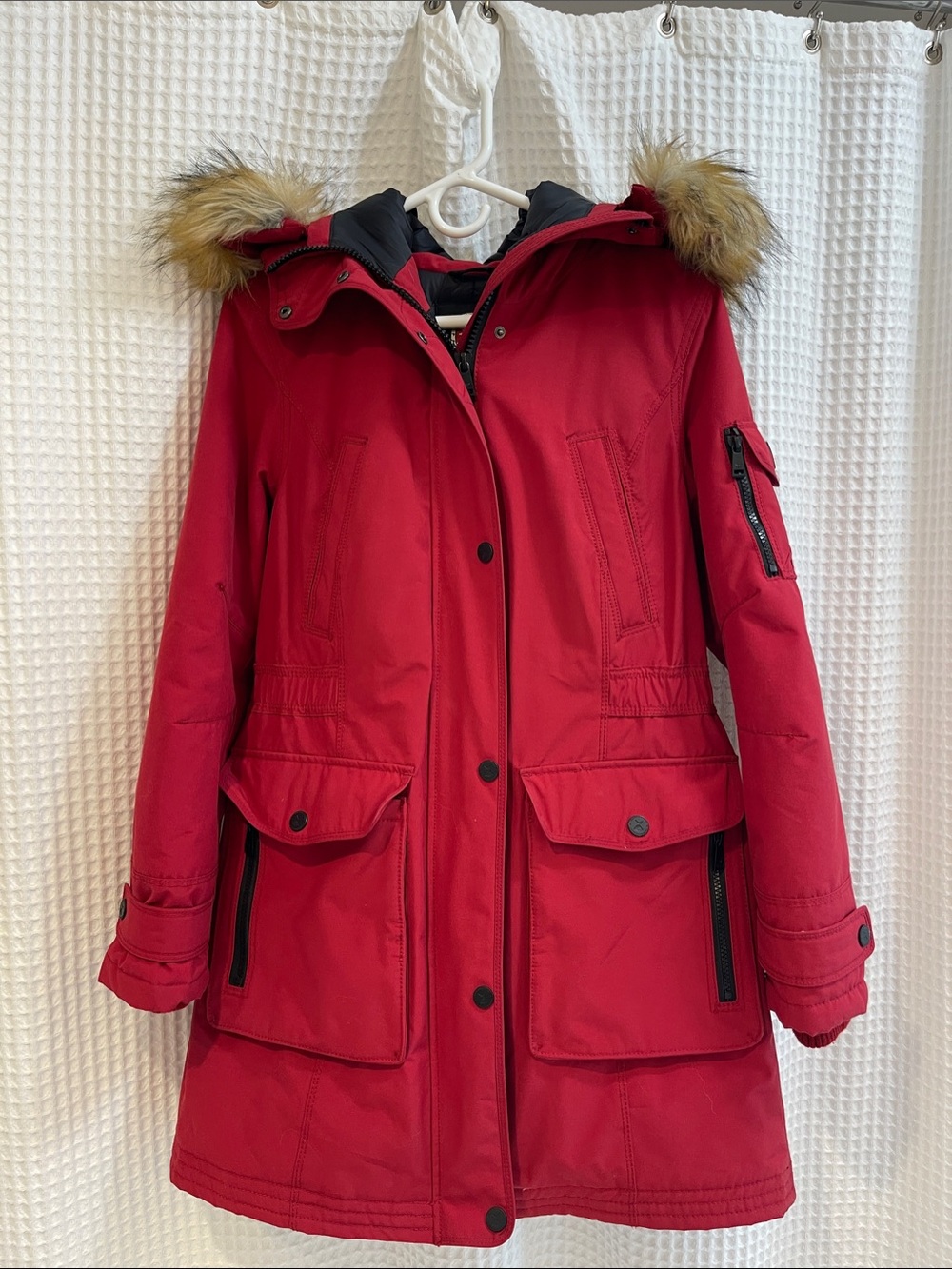 1 Madison Red Puffer Parka with Faux Fur Trim